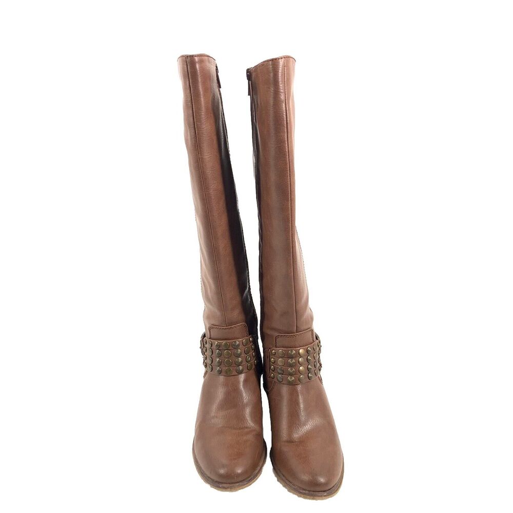BareTraps Penelope Knee High Riding Boots Size 7 Womens Brown Studded Belted - Picture 2 of 9